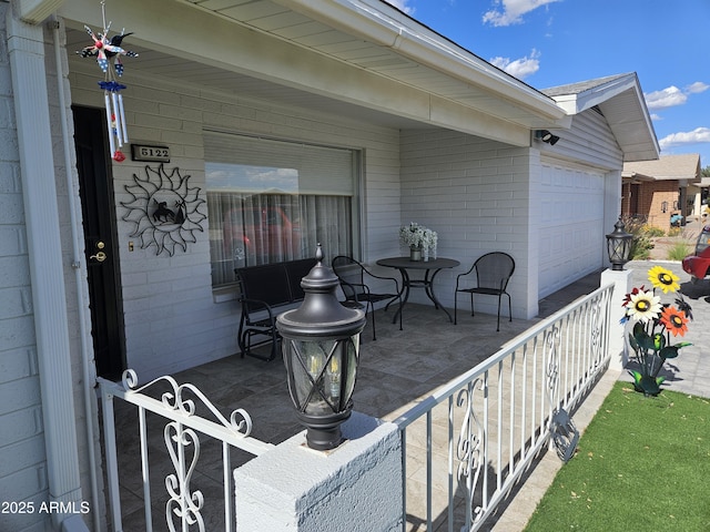 view of patio with a garage