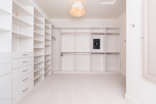 walk in closet with light carpet