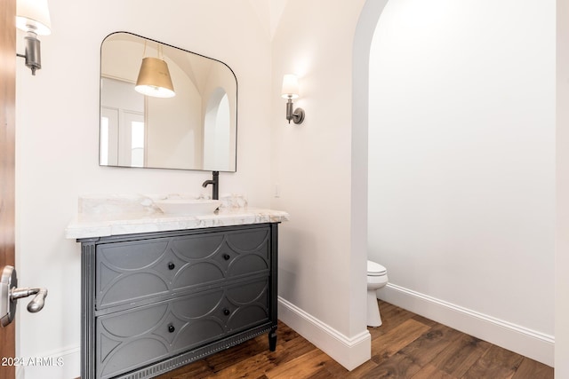 bathroom with toilet, vanity, and wood-type flooring