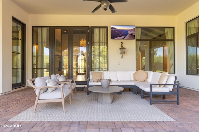 view of patio / terrace with french doors, ceiling fan, and an outdoor hangout area