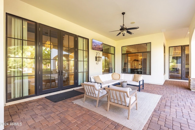 view of patio / terrace featuring french doors, outdoor lounge area, and ceiling fan