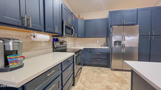 kitchen featuring light countertops, blue cabinetry, backsplash, and appliances with stainless steel finishes