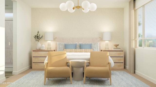 carpeted bedroom featuring connected bathroom and a notable chandelier