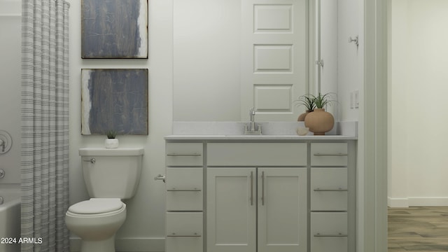 full bathroom featuring toilet, hardwood / wood-style flooring, shower / bath combo with shower curtain, and vanity