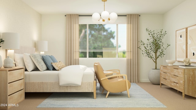 bedroom featuring light colored carpet and a chandelier