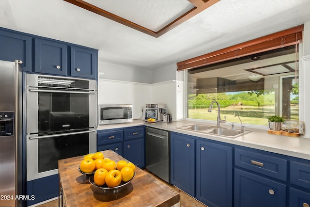 kitchen with blue cabinetry, stainless steel appliances, and sink