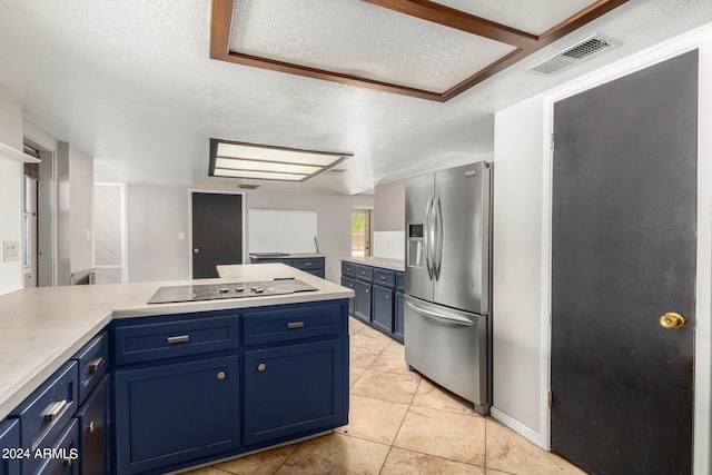 kitchen featuring blue cabinetry, black electric cooktop, a textured ceiling, and stainless steel fridge with ice dispenser