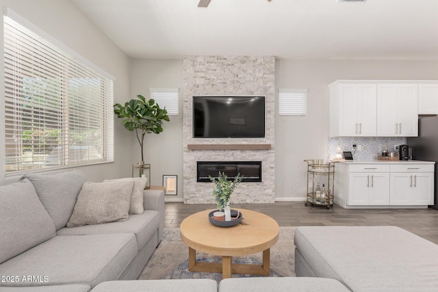 3081 E Desert Broom Pl, Chandler, AZ 85286 - living room featuring wood finished floors, a stone fireplace, and baseboards