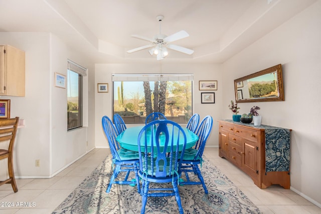 18649 E Mcdowell Mountain Dr, Rio Verde, AZ 85263 - dining area with light tile patterned flooring, ceiling fan, and a raised ceiling