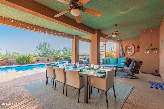 18649 E Mcdowell Mountain Dr, Rio Verde, AZ 85263 - view of patio with a fenced in pool, a ceiling fan, an outdoor hangout area, and a fenced backyard
