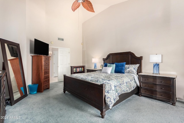 18649 E Mcdowell Mountain Dr, Rio Verde, AZ 85263 - bedroom featuring carpet flooring, a ceiling fan, high vaulted ceiling, and visible vents