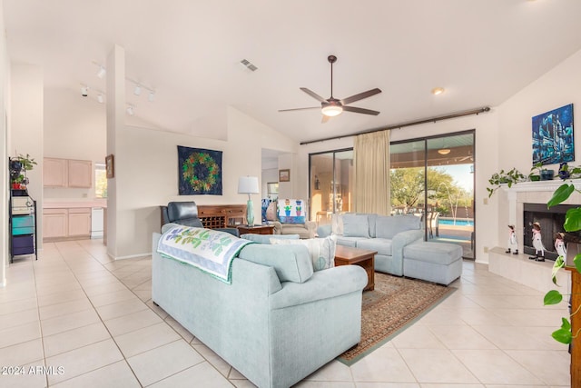 18649 E Mcdowell Mountain Dr, Rio Verde, AZ 85263 - living room featuring visible vents, ceiling fan, light tile patterned floors, and high vaulted ceiling