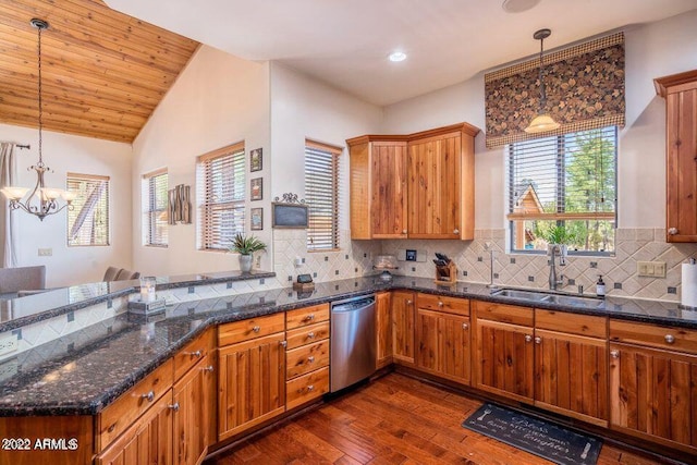 kitchen with sink, dishwasher, tasteful backsplash, dark hardwood / wood-style floors, and vaulted ceiling