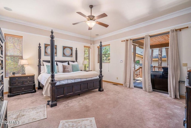 bedroom with light colored carpet, ceiling fan, access to exterior, and ornamental molding