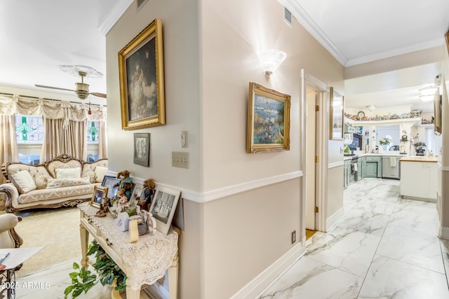 hallway featuring ornamental molding