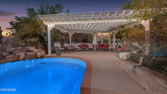 pool at dusk featuring an outdoor living space, a pergola, and a patio