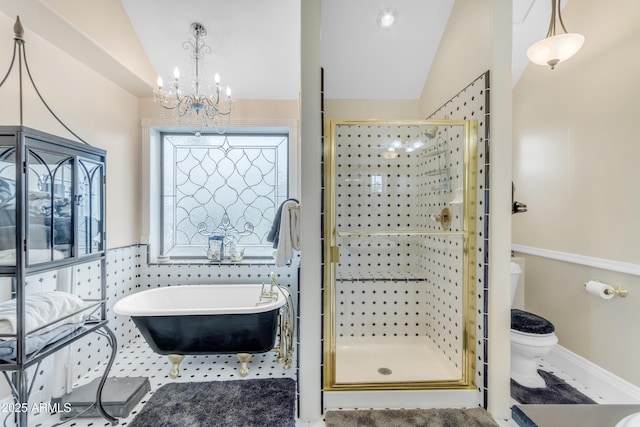 bathroom featuring lofted ceiling, tile walls, separate shower and tub, and toilet