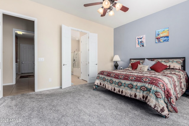 bedroom with light carpet and ceiling fan