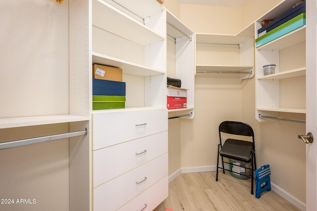 walk in closet with light wood-type flooring