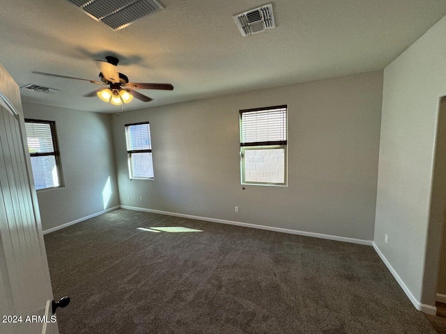 carpeted empty room with a wealth of natural light and ceiling fan