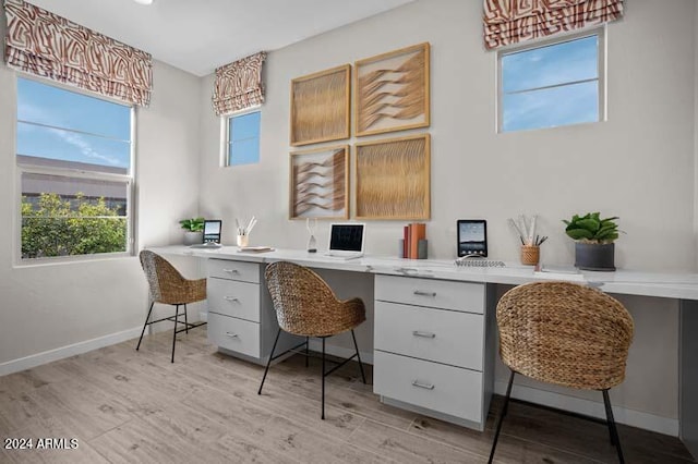 home office featuring light hardwood / wood-style flooring, built in desk, and plenty of natural light