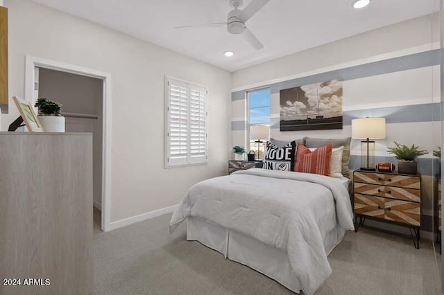 bedroom with light colored carpet, baseboards, ceiling fan, and recessed lighting
