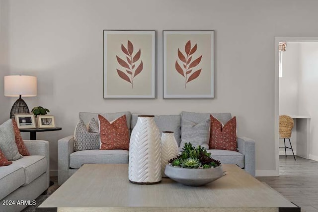 living room featuring wood finished floors and baseboards