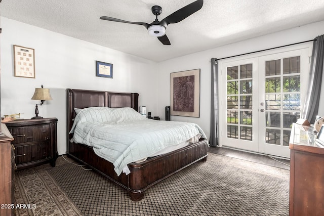carpeted bedroom featuring ceiling fan, french doors, a textured ceiling, and access to exterior