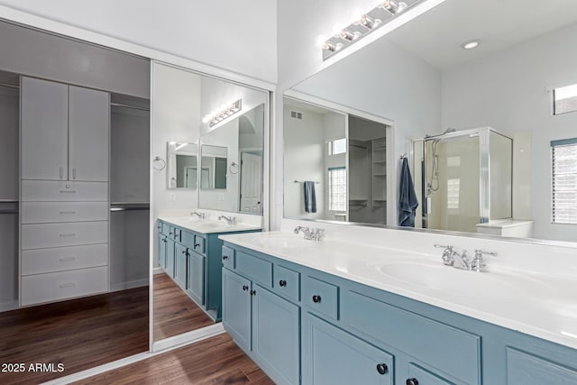 bathroom featuring a shower stall, wood finished floors, double vanity, and a sink