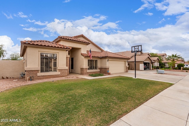 mediterranean / spanish-style house featuring stucco siding, concrete driveway, a front yard, an attached garage, and brick siding