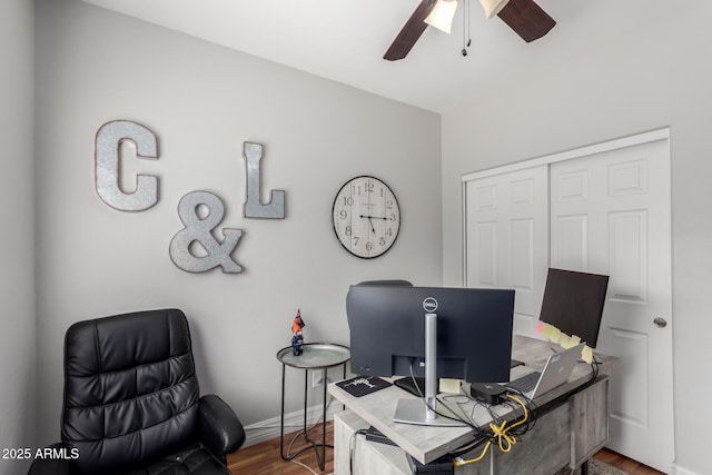 1324 S Banning St, Gilbert, AZ 85296 - office with ceiling fan, wood finished floors, and baseboards