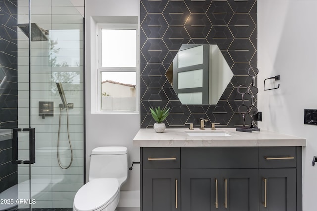 full bathroom with toilet, a stall shower, decorative backsplash, and vanity