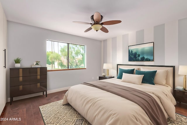 bedroom with ceiling fan and dark hardwood / wood-style floors