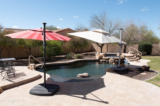 view of pool with a fenced backyard, an in ground hot tub, a patio area, and a fenced in pool