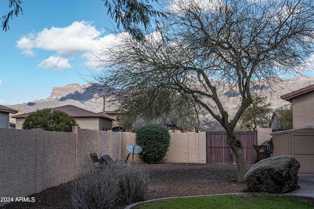 view of yard with a mountain view, a fenced backyard, an outdoor structure, and a shed