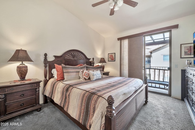 bedroom with ceiling fan, access to outside, vaulted ceiling, and light colored carpet