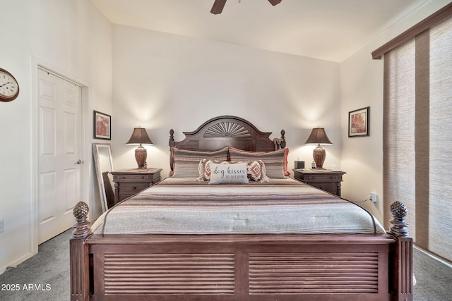 bedroom with carpet floors and a ceiling fan