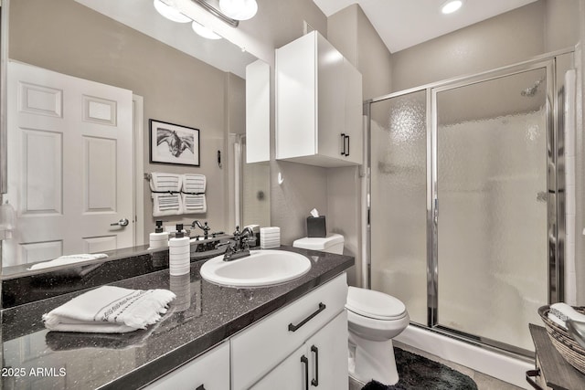 bathroom with a shower stall, toilet, and vanity