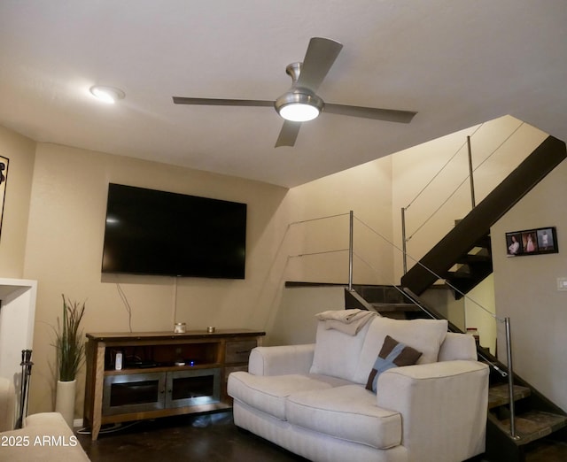 living room featuring ceiling fan