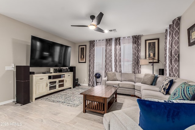 living area featuring ceiling fan, visible vents, baseboards, and light wood-style floors
