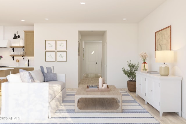 living area featuring light wood-style floors and recessed lighting