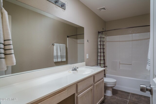 full bath featuring visible vents, toilet, tile patterned floors, vanity, and shower / bathtub combination with curtain