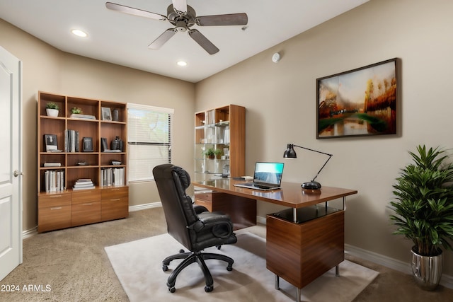 office featuring ceiling fan, baseboards, and recessed lighting