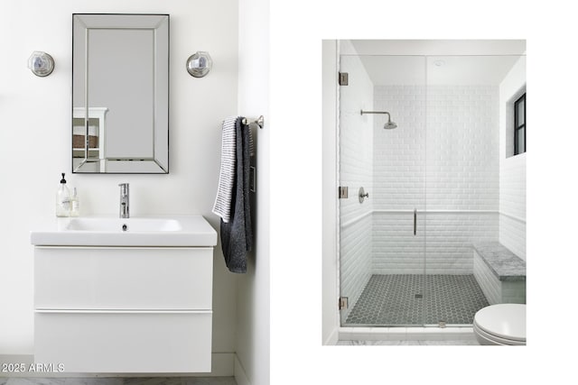 bathroom with toilet, vanity, and a shower with shower door