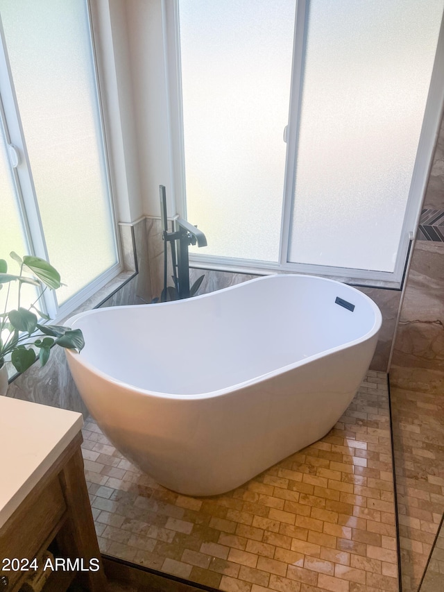 bathroom with a washtub and vanity