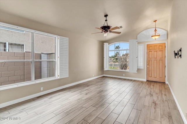 entryway featuring ceiling fan and light hardwood / wood-style floors