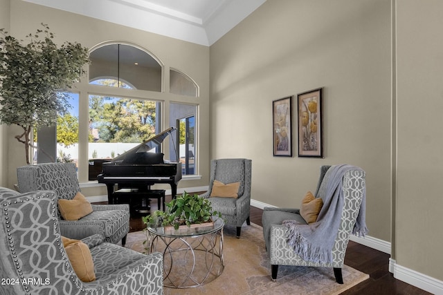 sitting room featuring hardwood / wood-style floors and high vaulted ceiling