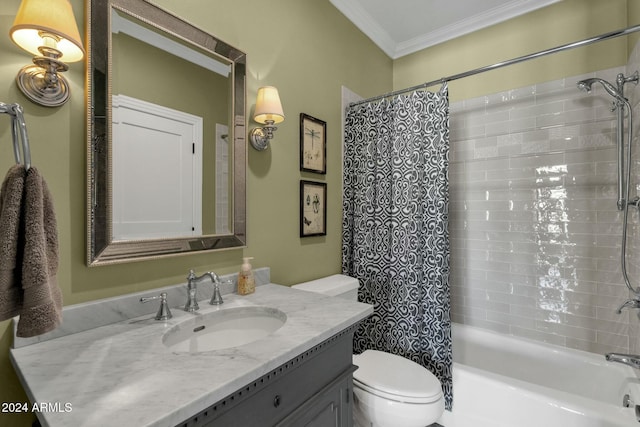 full bathroom featuring crown molding, vanity, shower / tub combo, and toilet