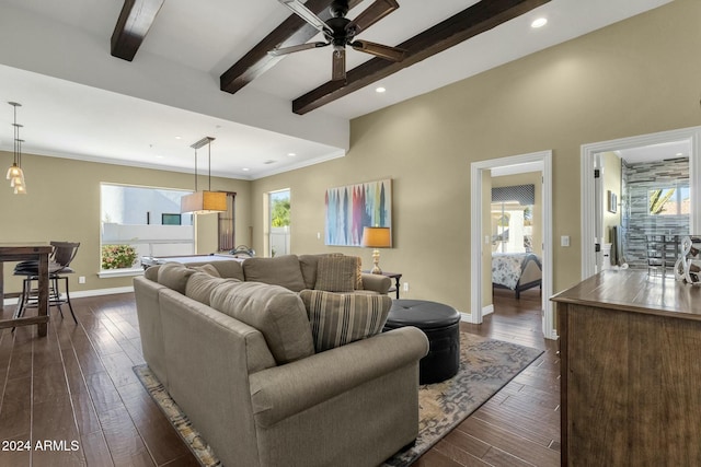 living room with ceiling fan, a healthy amount of sunlight, and dark wood-type flooring