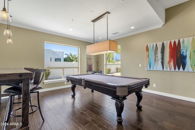 recreation room featuring dark hardwood / wood-style floors, ornamental molding, and pool table